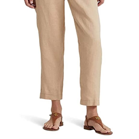 Lauren Ralph Lauren Womens Linen Ankle Pants Birch Tan Sz 14 High Rise Straight - Picture 7 of 14
